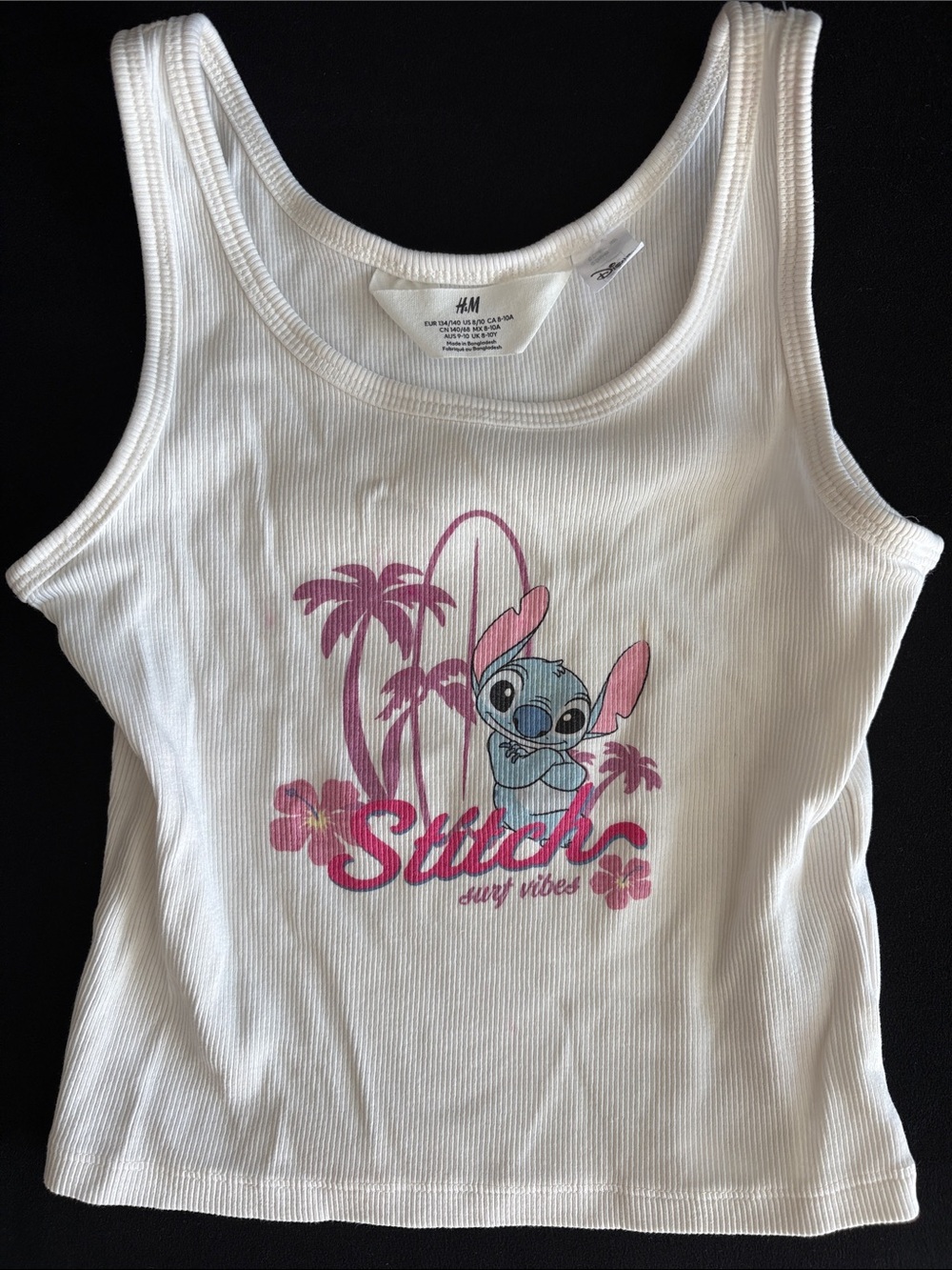 H&M Stitch White Ribbed Tank Top with Pink Stitch Surf Graphic